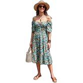 Lela Desenli Oversize Fit Carmen Yaka B&uuml;zg&uuml; Detaylı Midi Boy Elbise Bayan ELBİSE 67810557