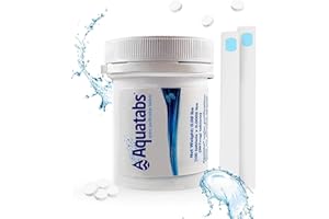 Aquatabs Tabletas de purificación de agua para beber – 100 tabletas + 2 tiras de prueba de cloro – Kit de iniciación purificador de agua – para tanques de barco y RV – por Aquamarine Water Solutions