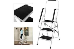 HUINI 3 Stufen Klappleiter mit Handlauf Trittleiter Klappbar Tragbare kompakte Leiter Rutschfeste Matte Einfache Aufbewahrung Stehleiter für Home Kitchen Office DIY 150 kg max Belastung