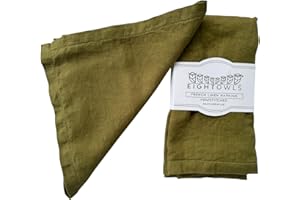 EIGHT OWLS Hemstitched Linen Napkins – 50 cm x 50 cm - Stonewashed Pure Linen Cloth Napkins with Mitered Corners – Set of 4 (Olive Green)