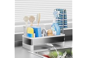 JOUING Organizer Cucina Porta Spugne Lavello Organizer per Lavello in Acciai Inox Sink Caddy con Aschetta di Scarico Autodrenante Adatto per Spazzole,Strofinaccio,Detersivo Piatti (Bianco)