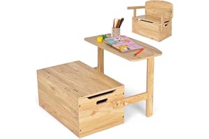 GYMAX 3 in 1 Kids Storage Bench, Convertible Toy Storage Box with Safety Hinge, Wooden Children Table and Chair Set for Playroom Bedroom (Natural)
