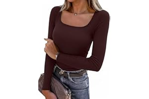 Aottori Maglia Donna con Scollo Quadrato Elegante Maglietta a Maniche Lunghe Slim Fit Costine Sottogiacca Aderente Elasticizzato Basic Tops Cotone Sexy