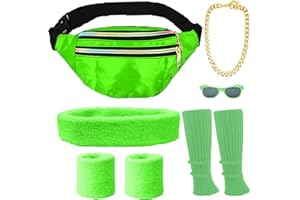 ATOWORLD Deguisement Annee 80 Femme Homme Accessoire Fluo Sac Banane Bandeau Cheveux Femme Bracelet Jambiere Annees 80 90 Deguisement Disco Femme Homme Enfant Déguisement Année 80 Accessoires Sportif (vert)