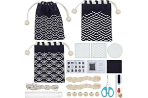 INFUNLY 3pcs Sashiko Drawstring Bag Kit DIY Sashiko Stencil Acrylic Template Kit Sewing Handbag Kit Wave Pattern Needlepoint Sewing Bag Kit with Instruction Cloth Needle Thread for Beginner Adults