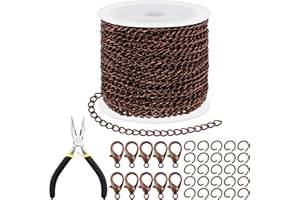 Tanstic 102Pcs 30 Feet Jewelry Making Chains Necklace Chains Bulk Cable Link Chain with 50Pcs Jump Rings, 50Pcs Lobster Clasps, Pliers for Bracelet Necklace Making(Copper)