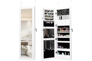 HOMASIS Schmuckschrank mit LED-Lichtern & 2 Spiegel, Spiegelschrank mit vielem Stauraum, Wandspiegel mit Schloss, Türspiegel für Schmuck, 37 x 9 x 120 cm, Weiß