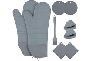 Foyucool Silicona Guantes Horno 9en1: 2 Extra Largo Manoplas Horno, 4 Posavasos (2 Redondas+2 Cuadradas), 2 Mini Guantes de Horno y 1 Pincel, Resistente al Calor, Free BPA, para Hornear, Cocinar