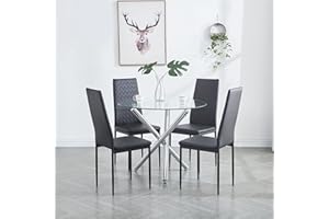 paonne Round Glass Dining Table Set 5 Pieces Dining Table Chair Set for Home Kitchen Round Tripod Chrome Legs Table with 4 PU Chairs, Contemporary Dining Room Set (002 Table with 014 Chairs)