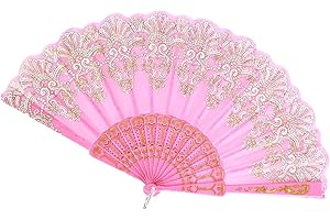 SHENLONG Folding Fan Handheld Silk Fabric With Lotus Pendant, Spanish Style Hand Fans for Wall Decoration, Wedding Birthday Gifts (Pink)