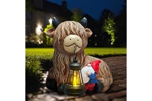 LIFEMET Solar Highland Cow Gnome Decor - Garden Gnomes Statues Highland Cattle Mouth with Solar Lantern, Outdoor Ornaments Funny Decoration for Yard, Patio, Unique Birthday Housewarming Gifts for Women, Mom