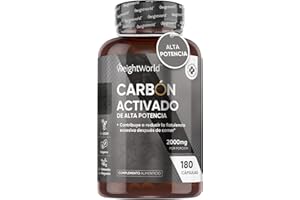 WEIGHTWORLD Carbón Activado 2000mg de Potencia 180 Cápsulas Veganas - Para Gases e Hinchazón Adultos, Carbón Vegetal Activado de Origen Natural, Vegano y Sin Estearato de Magnesio