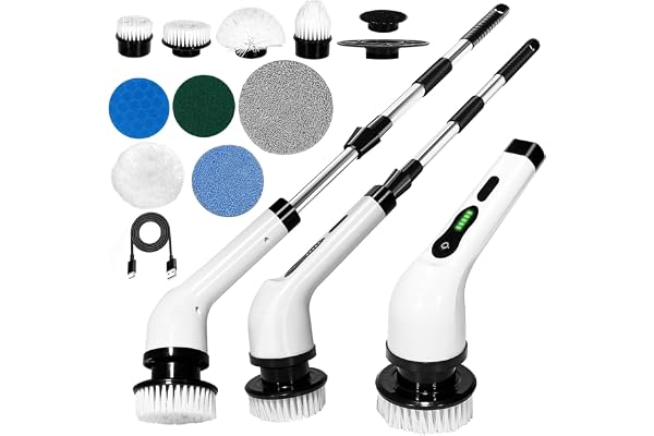 WEYLYN 9 in 1 Electric Spin Scrubber,Cleaning Brush Scrubber for Home, 300RPM/Mins 8 Brush Heads - 90Mins Work Time, 3 Adjustable Size, 2 Adjustable Speeds for Bathroom Shower Bathtub Car (9 in 1)