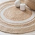 LINGWEI Jute Rug Carpet Floor Mat Round Shape with White Line Jute Carpet Hand Woven Natural Jute Rug Hand Braided Round Jute Carpet Doormat Natural Jute Floor Mat For Home Office (100x100cm)
