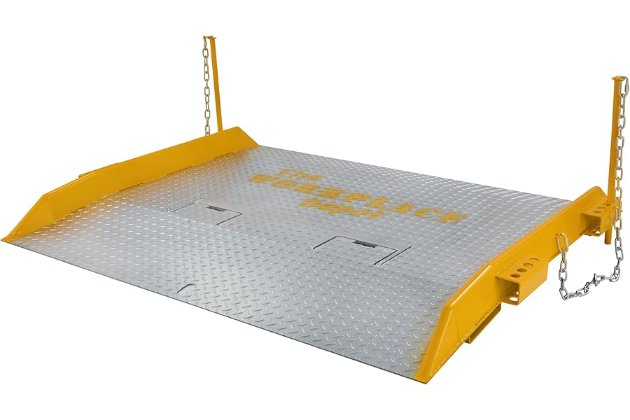 The Workplace Depot Steel Dock Board with Handles – Precision Dock Bridging Ramp, Anti-Slip Diamond-Plate & Bright Yellow Safety Rails, 6500 kg Capacity for Forklifts & Pallet Trucks