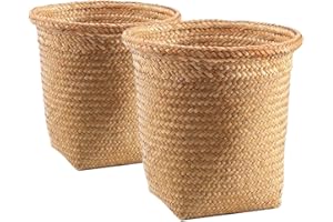 HOLIDYOYO Lot de 2 corbeilles à papier en rotin tissé à la main Poubelle en jacinthe d'eau Panier tissé pour petits objets Panier tressé Petite poubelle ronde pour la maison