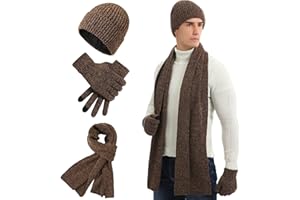 Micacorn 3 In 1 Herren Winter Set, Mütze Schal Handschuhe, Verdicktes Futter Gestrickter Hut Touchscreen Handschuhe Warme Langer Schal für Den Winter im Freien