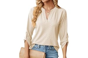 HEERSAN Chemisier élégant à Col en V pour Femme Chic Chemisier Ample à Manches Enroulables à 3/4 Manches Longues Lâches Hauts Tuniques de Base T-Shirt Blouses(S-XXL)