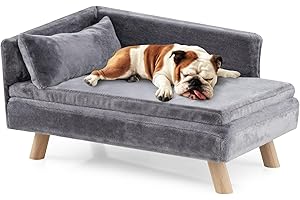 COSTWAY Elevated Dog Sofa Bed, 81 x 51 x 47cm Pet Couch with Removable Cushion & Pillow, Sturdy Wood Legs, for Medium and Small Dogs Cats
