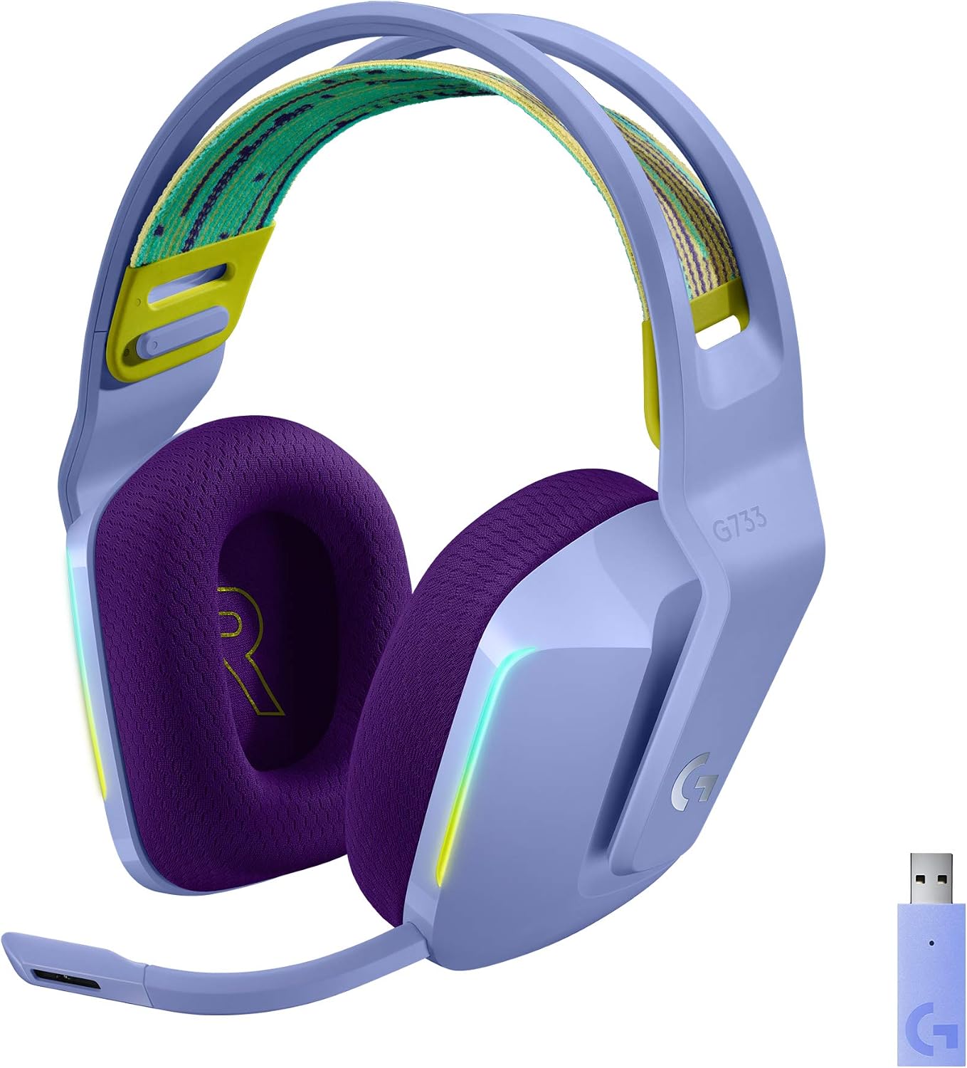 Logitech G G733 LIGHTSPEED Wireless Gaming Headset with suspension headband, LIGHTSYNC RGB, Blue VO,CE mic technology and PRO-G audio drivers, Lightweight, 29 Hour battery life, 20m range - Lilac