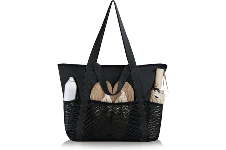 HOMESPON Beach Tote Bag for Women with Zip and Pockets Large Waterproof Mesh Holiday Handbag for Travel Swimming Pool Shopping Gym