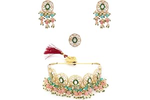 Zaveri Pearls Pink & Green Beads Cluster Drops Kundan Choker Necklace Earring & Ring Set For Women-ZPFK13800