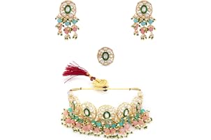 Zaveri Pearls Pink & Green Beads Cluster Drops Kundan Choker Necklace Earring & Ring Set For Women-ZPFK13800