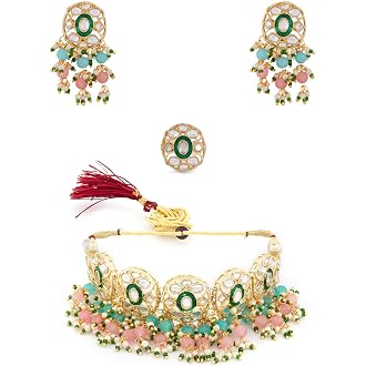 ZAVERI PEARLS Pink & Green Beads Cluster Drops Kundan C...