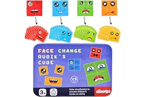 Hilloly Wooden Face Changing Magic Cube Game, 16 Wooden Cube Puzzle, Wooden Face Cube Expression Matching Puzzle 64 Expression Cards Wooden Toy Funny Puzzles Kit with Box for Kids 3+ Year Old