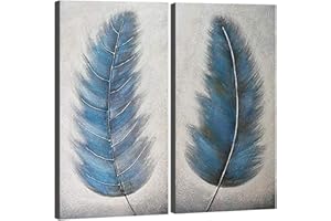 Wieco Art Large 2 Panels Abstract Grey Blue Feather Oil Paintings on Canvas Wall Art for Living Room Bedroom Home Decorations Modern 100% Hand Painted Contemporary Landscape Artwork