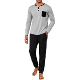 Uniexcosm Men's Pyjamas Long Winter Cotton Pyjamas Set 2 Pieces Long Sleeve Round Neck Top with Buttons and Long Pants