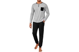 Uniexcosm Pijama de Hombre Largo Invierno Algodon Conjunto de Pijamas 2 Piezas Manga Larga Cuello Redondo Top con Botones y Pantalones Largos