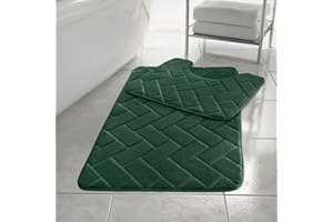 PARADISE STAR Block Memory Foam Bath Mat Extra Absorbent, Soft & Comfortable, Non Slip Bathroom Rug and Pedestal Bath Mat Set COLOUR GREEN