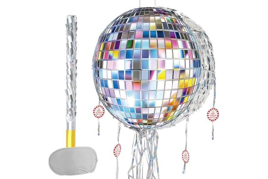 WERNNSAI Disco Ball Pinata - Mini Disco Pinata with Blindfold Stick Pull String for Retro 80s 90s Dance Party Decoration Kids Birthday Men Women Bachelorette Celebration Supplies