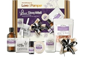 LOVE AND PAMPER LUX SLEEP WELL for MOTHERS DAY Lavender Aromatherapy SPA Pamper Gift Sets For Women Wellness,Essential & Massage Oil, Himalayan Bath Salt, Soya Candle,Ribbon Tied Sisal Lux Soap,Pillow Pouch,Wax Melt
