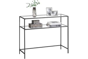 ‎VASAGLE VASAGLE Konsolentisch, Eingangstisch, Sofaspitze, Tischplatte aus Hartglas, Metallrahmen, 2 Ebenen, verstellbare Füße, für Wohnzimmer, Eingang, Flur, Schwarz LGT025B01