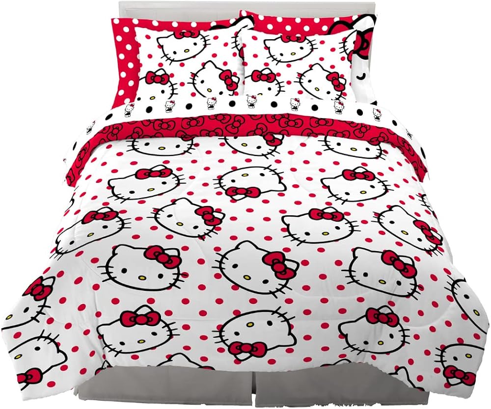 Franco Sanrio Hello Kitty Puantiyeli Yatak Takımı 7 Parça Süper Yumuşak Yorgan ve Çarşaf Seti, Şemsiye, Kraliçe, (%100 Resmi Lisanslı Ürün) Koleksiyon Ürünleri