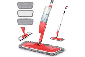 Bellababy Mopa Fregona, Spray Mop con Una Botella de Spray Recargable y 3 Almohadillas de Repuesto para Trapeador, Trapeador Plano para el Hogar, Cocina, Madera Dura, Madera, Cerámica (Roja)