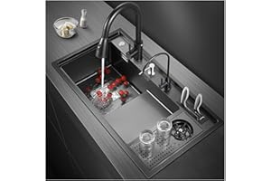 GMTSTORE Lavandino A Tazza Nano-Stepped 304 Lavello da Cucina Artigianale in Acciaio Inox Lavandino Multifunzione per La Preparazione del Bar A Una Vasca con Rubinetto Estraibile