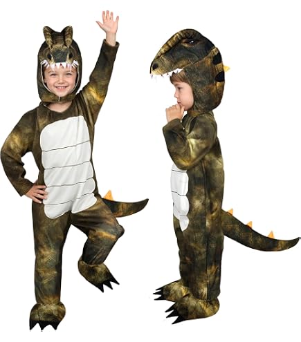 Costume T-Rex Per Bambini 4-6 Anni – Tuta Con Cappuccio, Coda E Copriscarpe, Perfetto Per Halloween E Libro