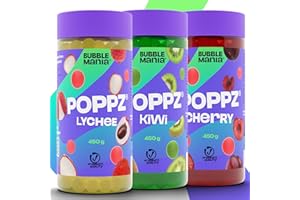 BUBBLEMANIA Bubble Mania Popping Boba Burbujas de frutas para Bubble tea/Té de burbujas - Paquete de 4 perlas de Tapioca que revientan frutas de Bubble Mania - Listo para comer (Kiwi, Cereza, Lichi)