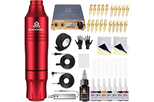 BLACKBUDDA Macchinetta Tatuaggi, Kit Tatuaggi con Alimentatore per Tatuaggi Cartuccia di Pigmenti Colorati Kit Macchinetta Kit Macchinetta Rotativa per Tatuaggi Completo, 20 Aghi Tattoo (Rosso)