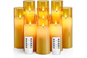 SLVCREK Bougies à LED, 9pc LED Bougies Sans Flamme, Fausse Bougies Vacillante avec Télécommande et Minuterie, Bougies à Piles en Verre pour Décoration, Mariage, Anniversaire(Dorée)