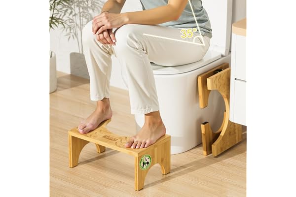 DEANIC toalettpall för vuxna, 100% naturlig bambu-toalettstol, bakpall med halkskyddsdynor, 18 cm hög toalettpall för badrum, toalettstool hopfällbar lättnad förstoppning, gasning