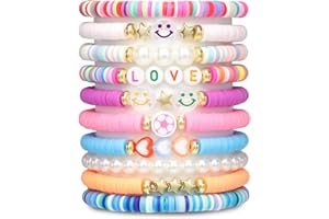Qubitly 10 Pcs Friendship Bracelets Set, Beaded Bracelets with Smile Face, Heart, Stars, Letter Beads, Stretch String BFF Friendship Gifts for Girls and Kids, Girls Party Bag Fillers