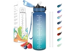 Motswedi Gourde Sport, 1000ml Anti-Fuite, Gourde avec Paille, sans BPA, Gourde Paille, Réutilisable, Gourde, Facile à Transporter, Bouteille d'eau pour Yoga, Camping, Cyclisme, Fitness, Bleu Vert