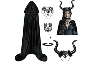GEEKEO Cape Halloween Femme, Déguisement Halloween Méchante Reine avec Bandeau à Corne Diable Démon Noir, Chocker Dentelle et Bracelet Punk, Accessoire Halloween Femme pour Carnaval Gothique Cosplay
