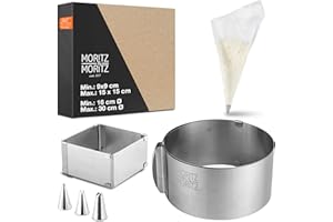 Moritz & Moritz Set stampo torta in acciaio inox - Regolabile a piacere - Coppa pasta quadrato e anello per torte regolabili per cuocere e decorare - Con 10 sac à poche e 3 bocchette