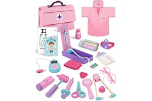 Lehoo Castle Teczka medyczna drewniana zabawka, zabawki dla dziewczynek w wieku powyżej 3 lat, teczka lekarzy z kostiumem lekarza, zestaw lekarzy dla dzieci, zabawki lekarskie, prezenty dla
