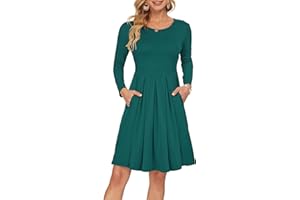 AUSELILY Women's Long Sleeve Pleated Loose Swing Casual Dress with Pockets Knee Length